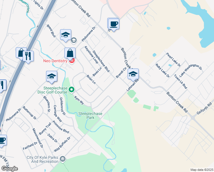 map of restaurants, bars, coffee shops, grocery stores, and more near 980 Brandi Circle in Kyle