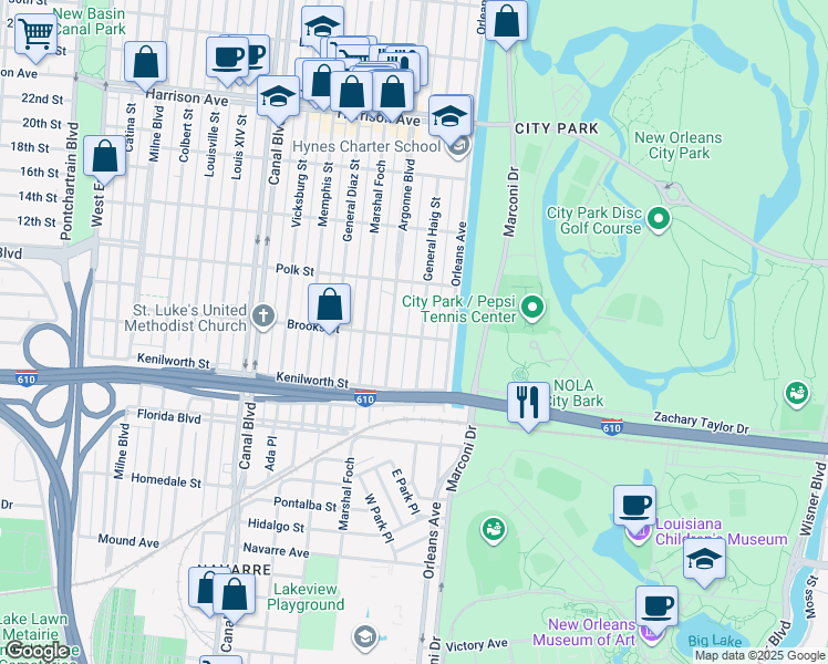 map of restaurants, bars, coffee shops, grocery stores, and more near 5905 General Haig Street in New Orleans