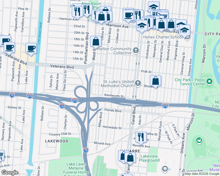 map of restaurants, bars, coffee shops, grocery stores, and more near 5852 Colbert Street in New Orleans
