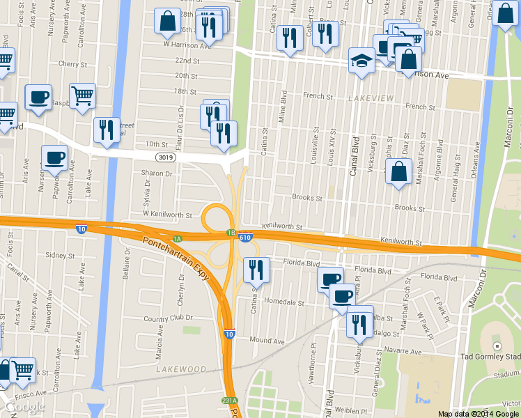 map of restaurants, bars, coffee shops, grocery stores, and more near 5825 Catina Street in New Orleans