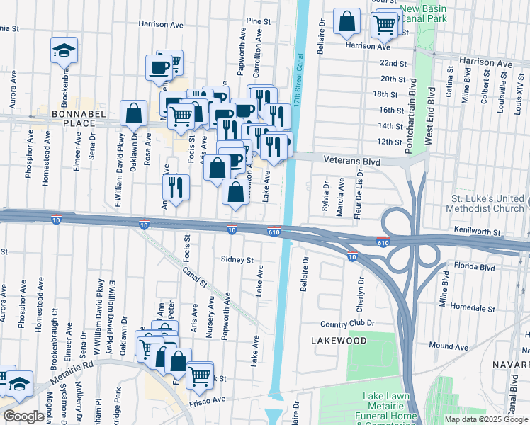 map of restaurants, bars, coffee shops, grocery stores, and more near 709 Lake Avenue in Metairie