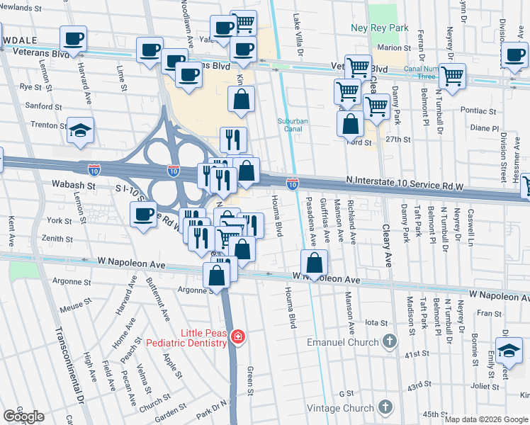 map of restaurants, bars, coffee shops, grocery stores, and more near 4312 Belvedere Street in Metairie