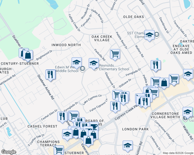 map of restaurants, bars, coffee shops, grocery stores, and more near 4030 Streambed Trail in Houston