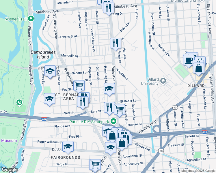 map of restaurants, bars, coffee shops, grocery stores, and more near 1533 Foy Street in New Orleans