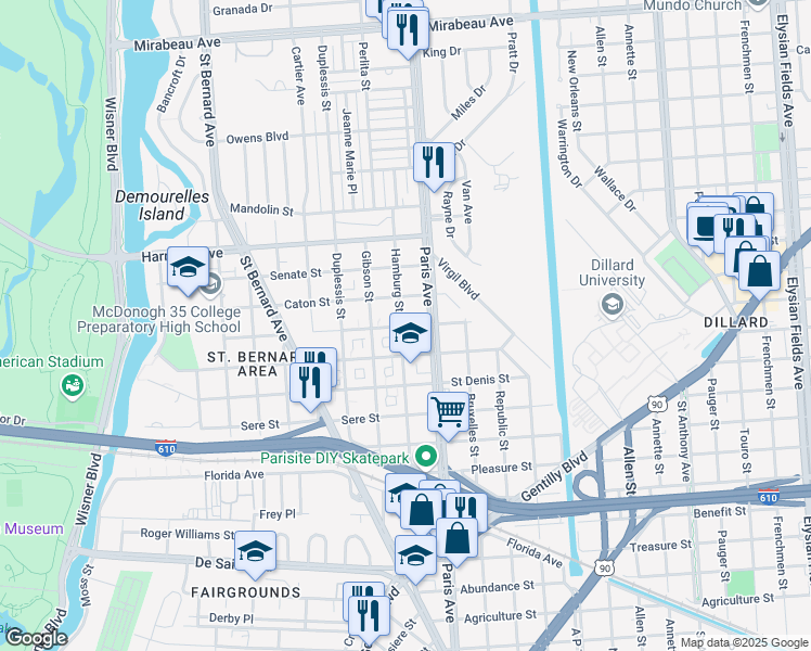 map of restaurants, bars, coffee shops, grocery stores, and more near 1539 Foy Street in New Orleans