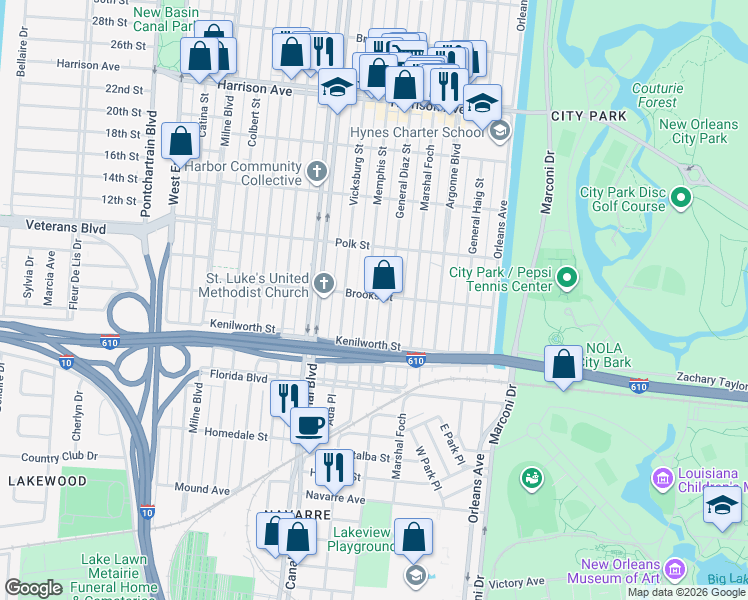 map of restaurants, bars, coffee shops, grocery stores, and more near 5875 Memphis Street in New Orleans