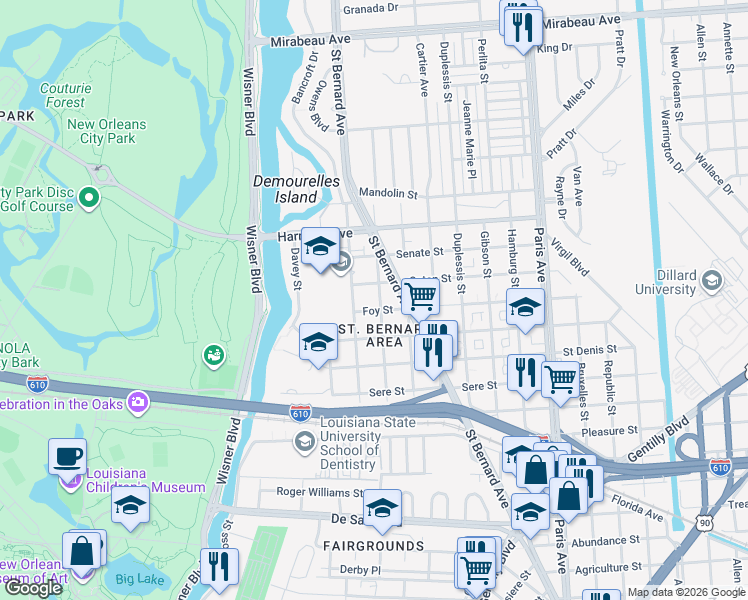 map of restaurants, bars, coffee shops, grocery stores, and more near 3916 Buchanan Street in New Orleans