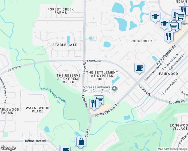 map of restaurants, bars, coffee shops, grocery stores, and more near 15115 Southern Cypress Lane in Cypress