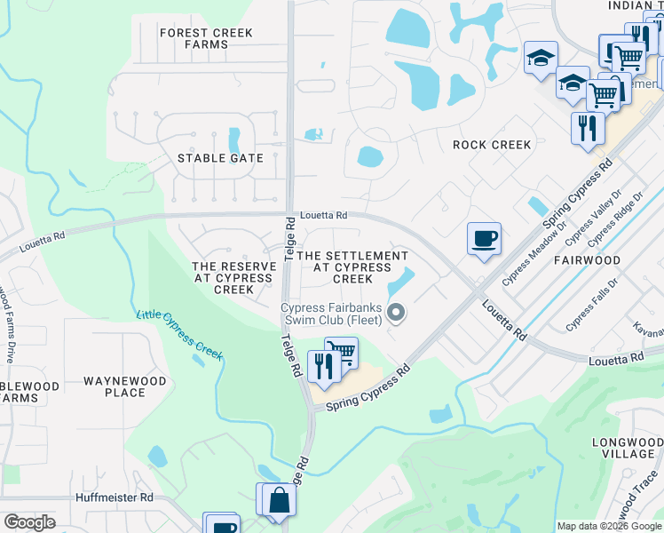 map of restaurants, bars, coffee shops, grocery stores, and more near 15115 Southern Cypress Lane in Cypress