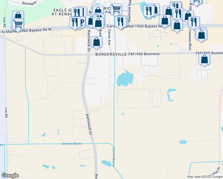 map of restaurants, bars, coffee shops, grocery stores, and more near 19122 Sears Drive in Humble