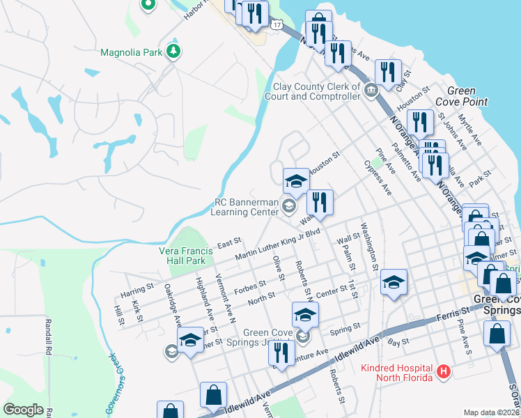 map of restaurants, bars, coffee shops, grocery stores, and more near 705 Mill St in Green Cove Springs
