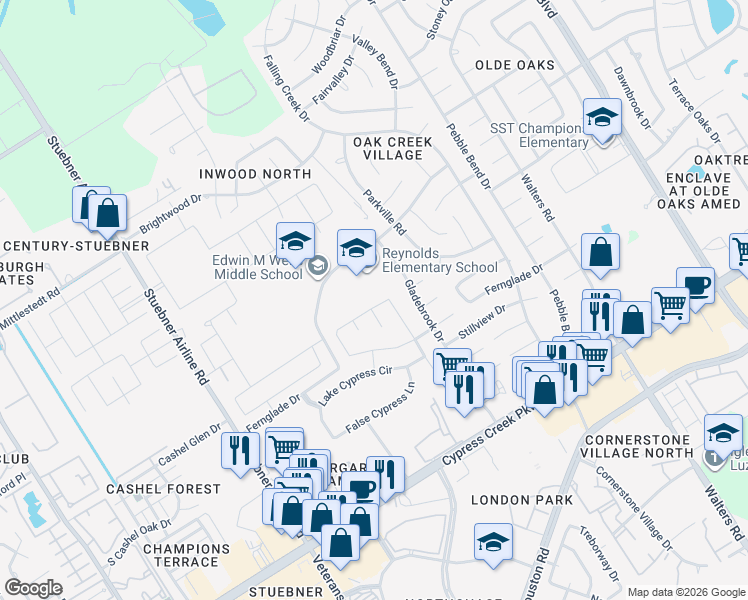 map of restaurants, bars, coffee shops, grocery stores, and more near 4030 Streambed Trail in Houston