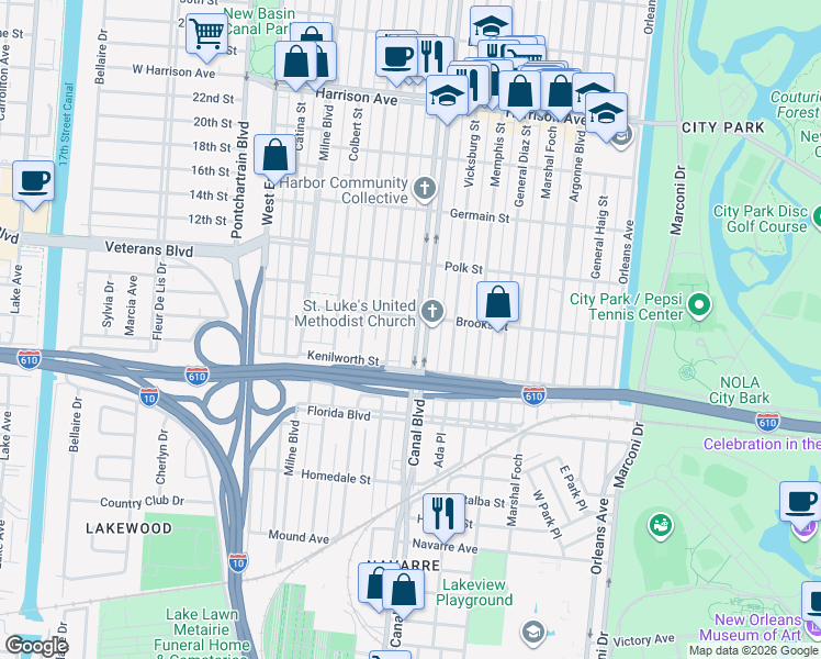 map of restaurants, bars, coffee shops, grocery stores, and more near 5870 Canal Boulevard in New Orleans