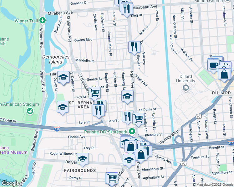 map of restaurants, bars, coffee shops, grocery stores, and more near 3901 Gibson Street in New Orleans