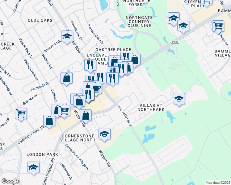 map of restaurants, bars, coffee shops, grocery stores, and more near 3341 Cypress Creek Parkway in Houston