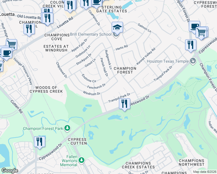 map of restaurants, bars, coffee shops, grocery stores, and more near 9330 Windrush Drive in Spring