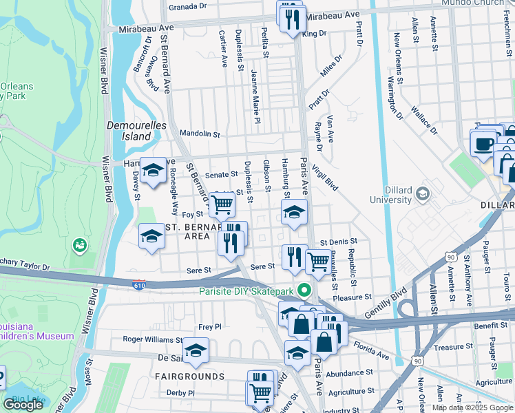 map of restaurants, bars, coffee shops, grocery stores, and more near 1461 Foy Street in New Orleans