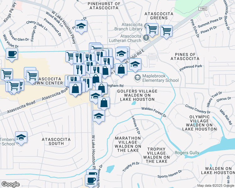 map of restaurants, bars, coffee shops, grocery stores, and more near 19122 Putting Green Drive in Humble