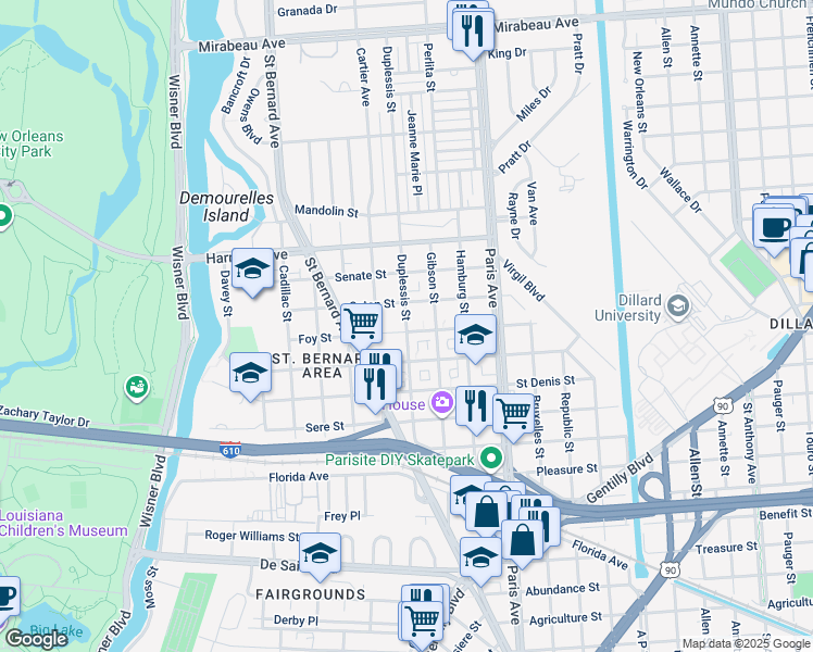 map of restaurants, bars, coffee shops, grocery stores, and more near 3937 Duplessis Street in New Orleans