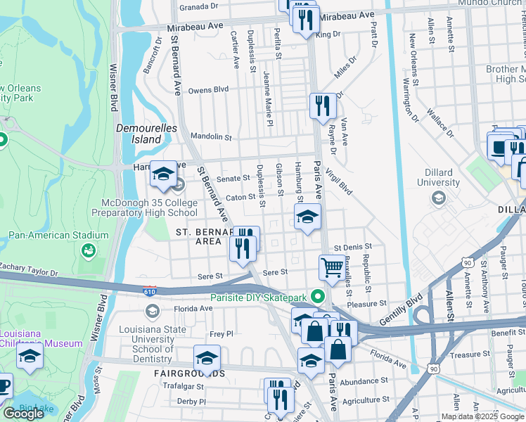 map of restaurants, bars, coffee shops, grocery stores, and more near 3937 Duplessis Street in New Orleans