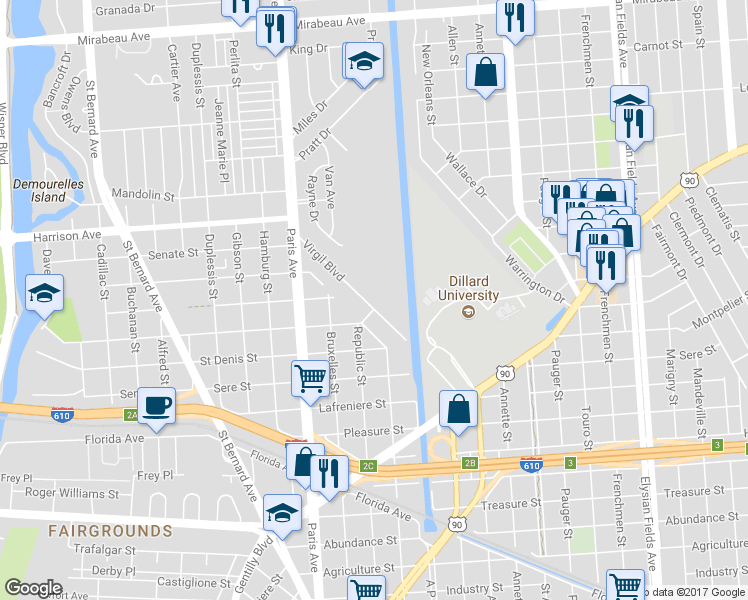 map of restaurants, bars, coffee shops, grocery stores, and more near 3825 Virgil Boulevard in New Orleans