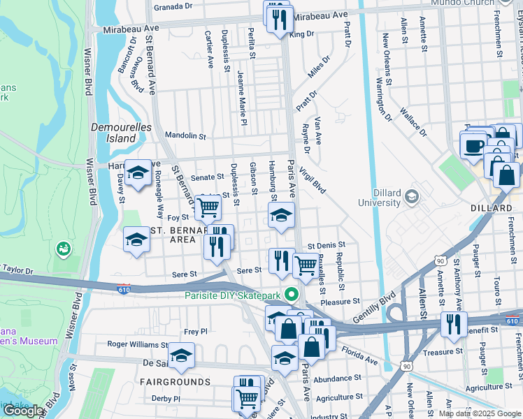 map of restaurants, bars, coffee shops, grocery stores, and more near 1463 Foy Street in New Orleans