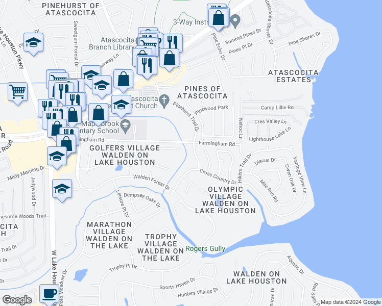 map of restaurants, bars, coffee shops, grocery stores, and more near 19135 Sprinters Drive in Humble