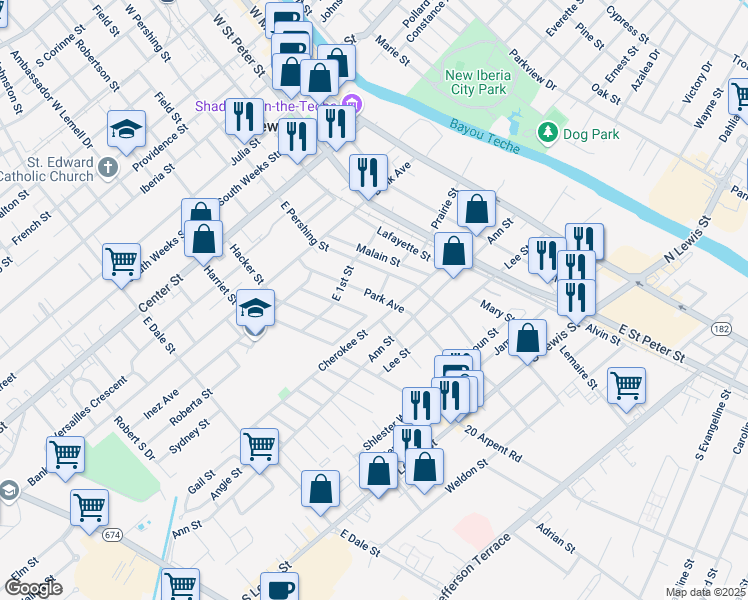 map of restaurants, bars, coffee shops, grocery stores, and more near 684 Park Avenue in New Iberia
