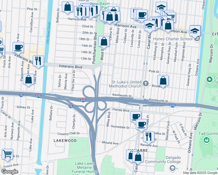 map of restaurants, bars, coffee shops, grocery stores, and more near 5825 Catina Street in New Orleans