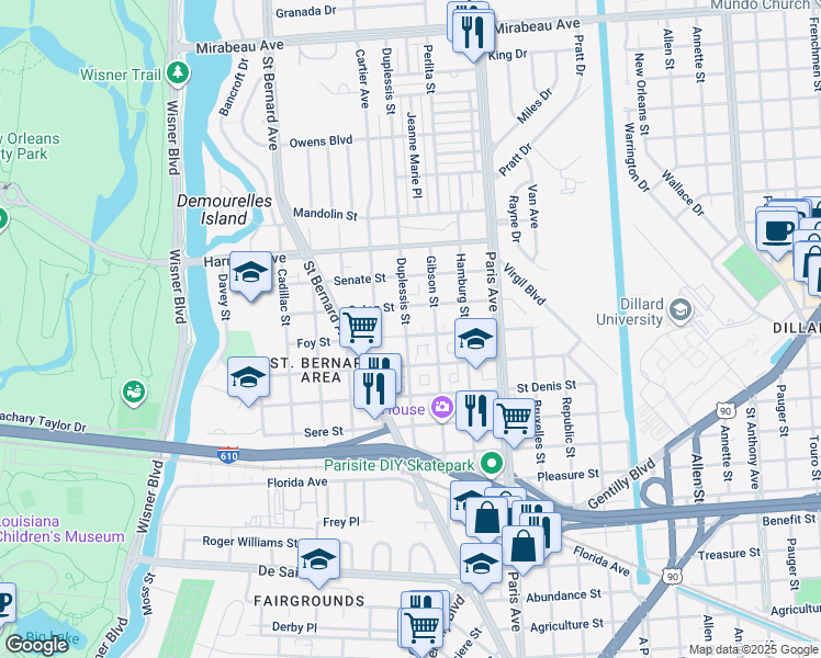 map of restaurants, bars, coffee shops, grocery stores, and more near 3939 Duplessis Street in New Orleans