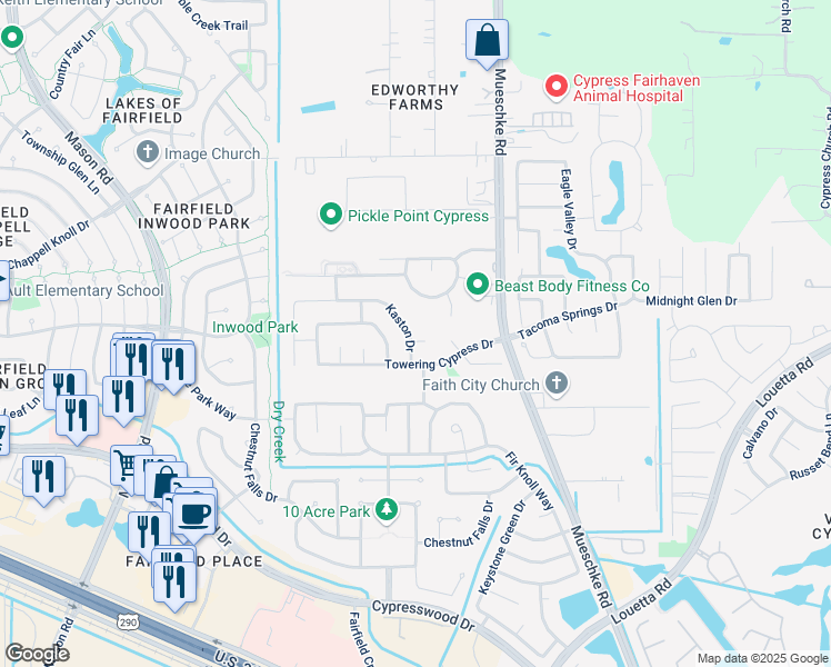 map of restaurants, bars, coffee shops, grocery stores, and more near 15327 Kaston Drive in Cypress