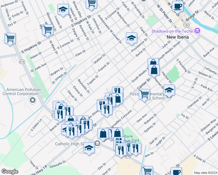map of restaurants, bars, coffee shops, grocery stores, and more near 103 Lagrange Alley in New Iberia