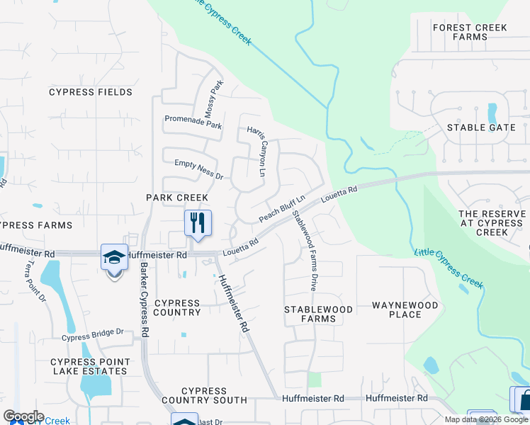 map of restaurants, bars, coffee shops, grocery stores, and more near 16123 Peach Bluff Lane in Cypress