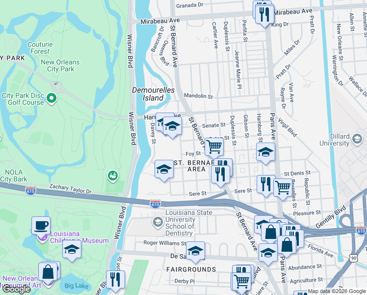 map of restaurants, bars, coffee shops, grocery stores, and more near 3916 Buchanan Street in New Orleans
