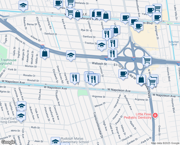 map of restaurants, bars, coffee shops, grocery stores, and more near 4937 York Street in Metairie