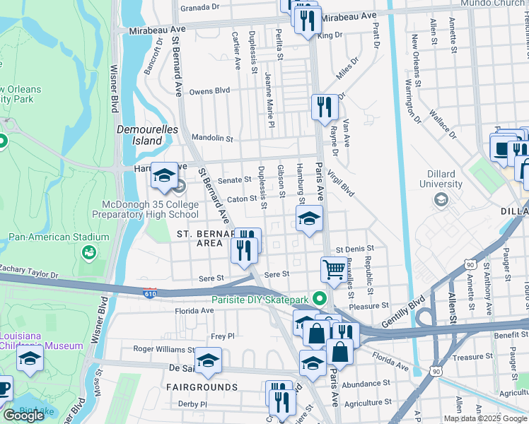 map of restaurants, bars, coffee shops, grocery stores, and more near 3941 Duplessis Street in New Orleans