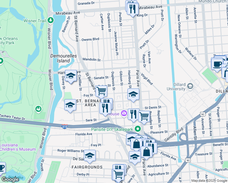 map of restaurants, bars, coffee shops, grocery stores, and more near 3941 Duplessis Street in New Orleans