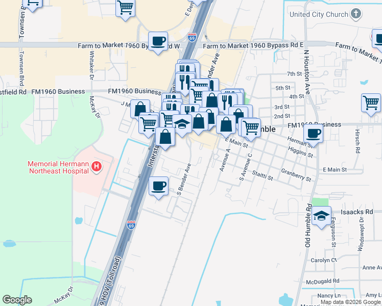 map of restaurants, bars, coffee shops, grocery stores, and more near 400 South Bender Avenue in Humble
