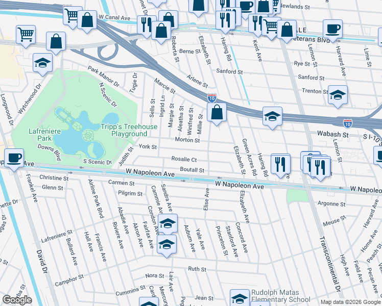 map of restaurants, bars, coffee shops, grocery stores, and more near 5908 York Street in Metairie
