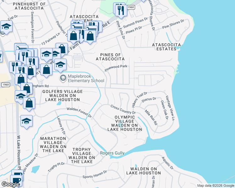 map of restaurants, bars, coffee shops, grocery stores, and more near 19143 Baton Pass in Humble