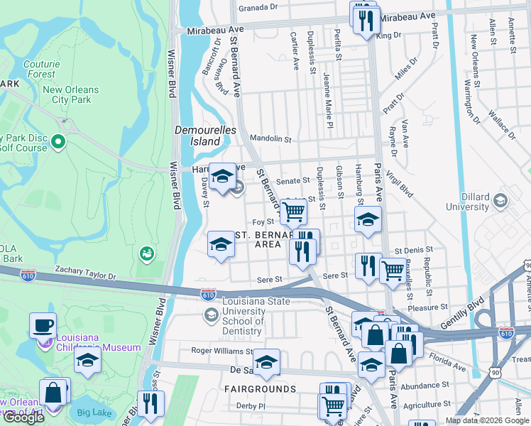 map of restaurants, bars, coffee shops, grocery stores, and more near 3916 Buchanan Street in New Orleans