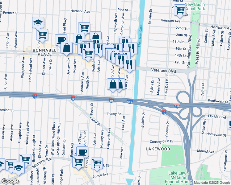 map of restaurants, bars, coffee shops, grocery stores, and more near 710 Carrollton Avenue in Metairie