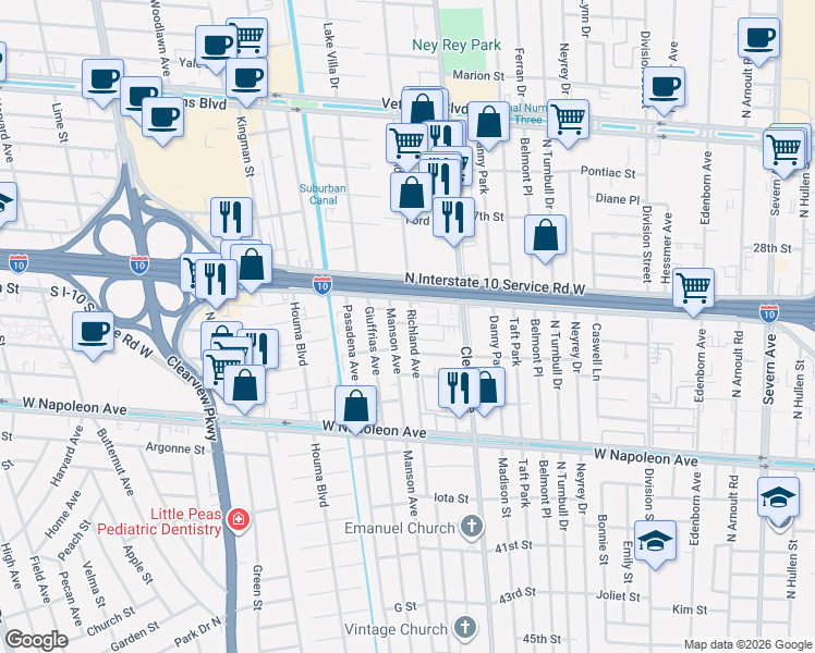 map of restaurants, bars, coffee shops, grocery stores, and more near 4048 Durand Street in Metairie