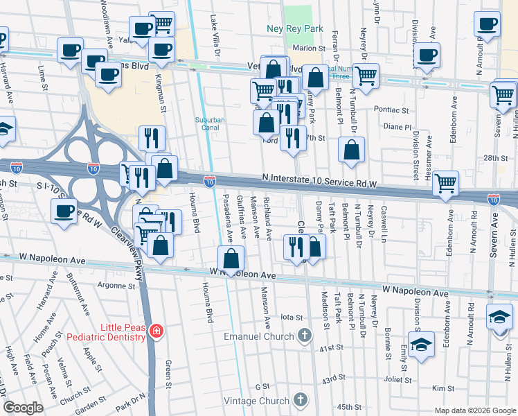 map of restaurants, bars, coffee shops, grocery stores, and more near 4048 Durand Street in Metairie