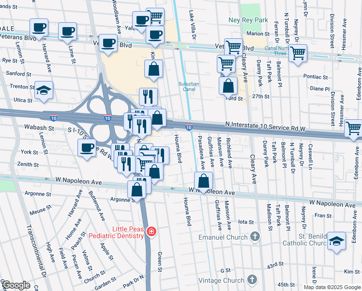 map of restaurants, bars, coffee shops, grocery stores, and more near 4312 Belvedere Street in Metairie