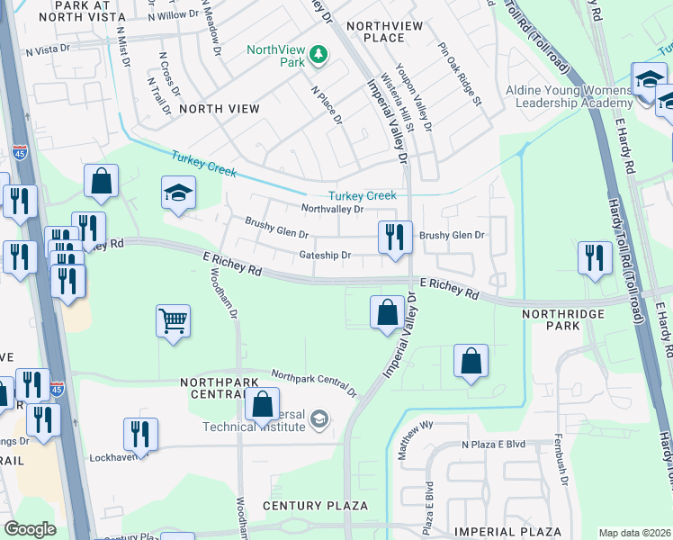 map of restaurants, bars, coffee shops, grocery stores, and more near 15914 Northtrace Drive in Houston