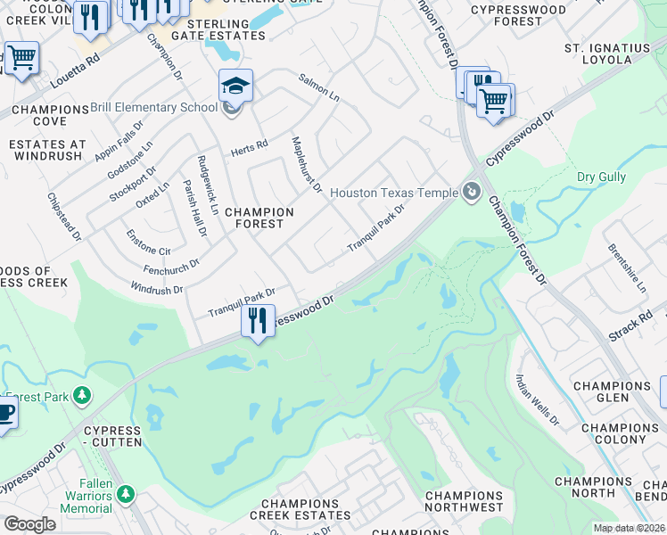 map of restaurants, bars, coffee shops, grocery stores, and more near 9007 Tranquil Park Drive in Spring