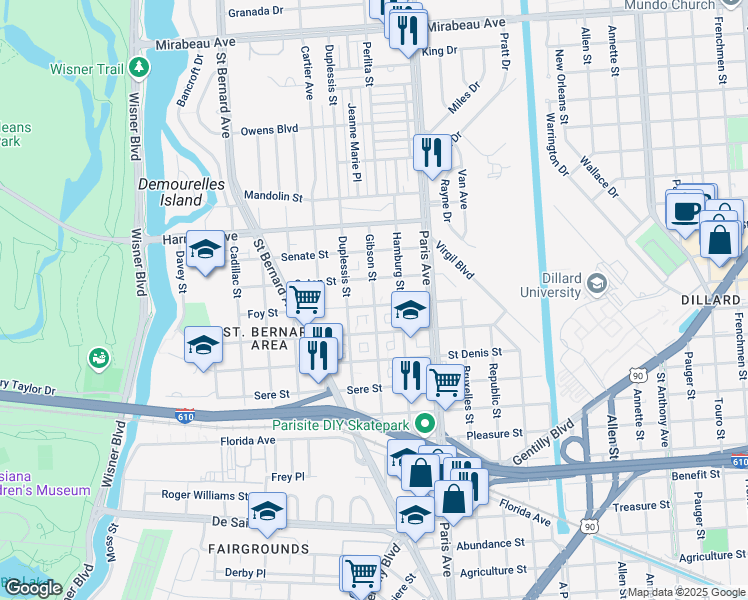 map of restaurants, bars, coffee shops, grocery stores, and more near 3932 Gibson Street in New Orleans