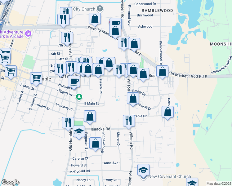 map of restaurants, bars, coffee shops, grocery stores, and more near 240 Dennis Avenue in Humble