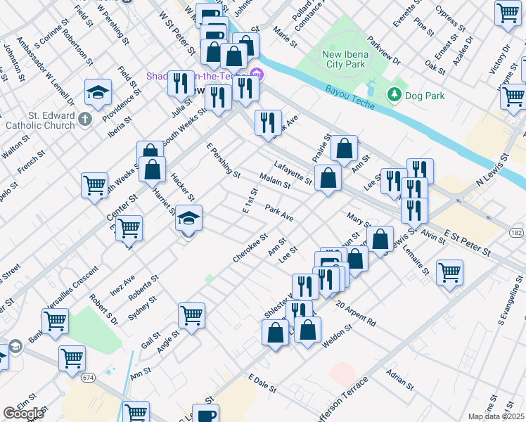 map of restaurants, bars, coffee shops, grocery stores, and more near 684 Park Avenue in New Iberia